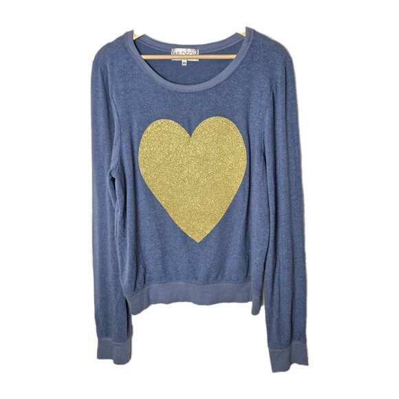 Wildfox Sweater‎ Womens Medium Blue Gold Glitter Heart Lightweight Casual Jumper - Picture 1 of 14